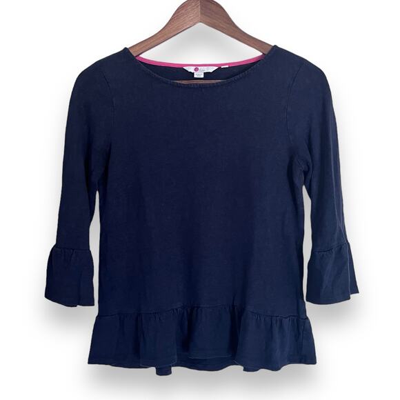 Boden 100% Linen Ruffle Peplum Top Women’s Size S 3/4 Bell Sleeves Navy Blue - Picture 1 of 7